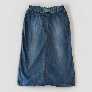 VTG Deja Blue Women Maxi Denim Skirt (16) Turquoise Belt Buckle Y2K Boho Country
